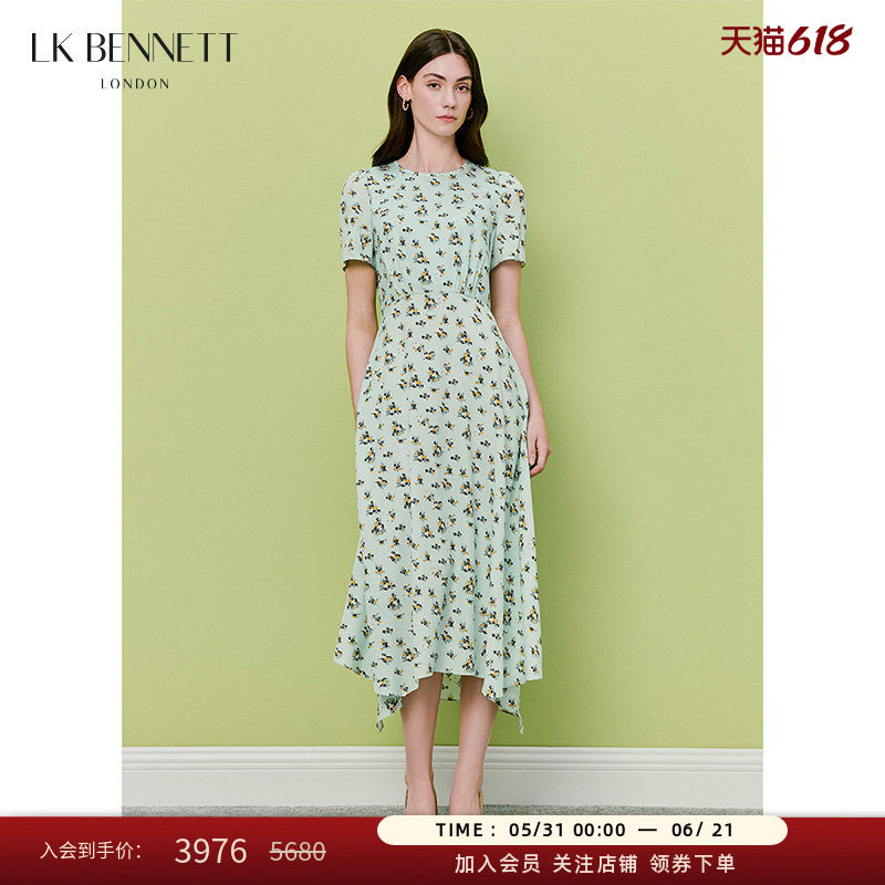 LK BENNETT绿色印花连衣裙26夏季桑蚕丝混纺收腰泡泡袖不规则裙摆