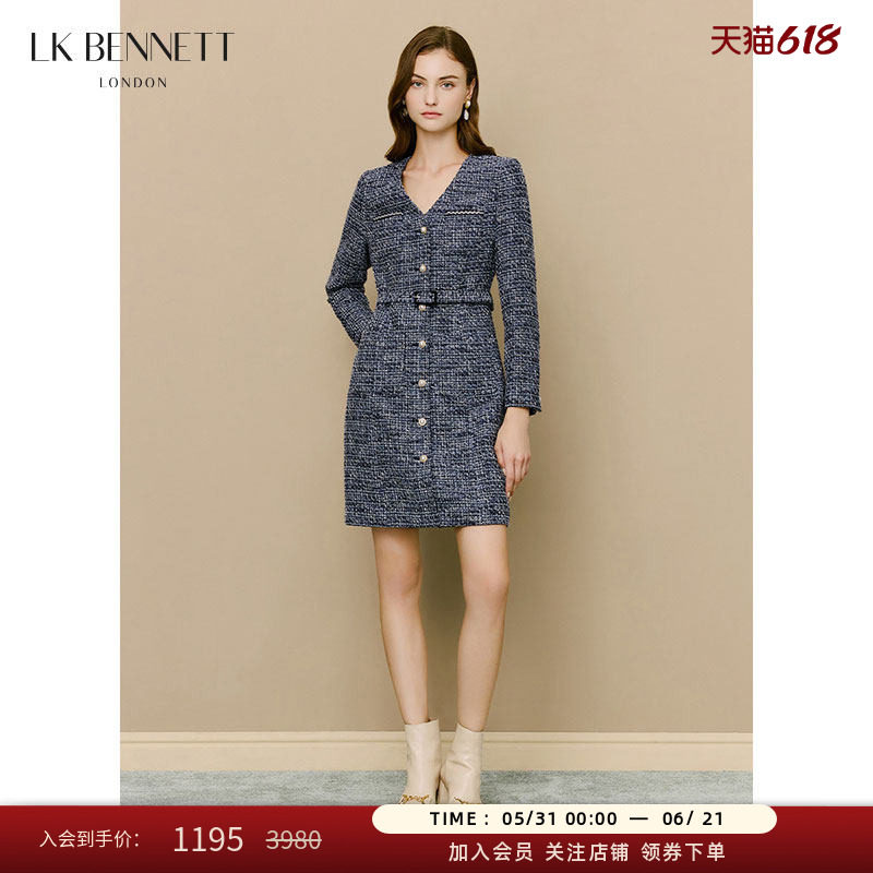 LK BENNETT深蓝色小香风连衣裙秋新款V领腰带设计短款