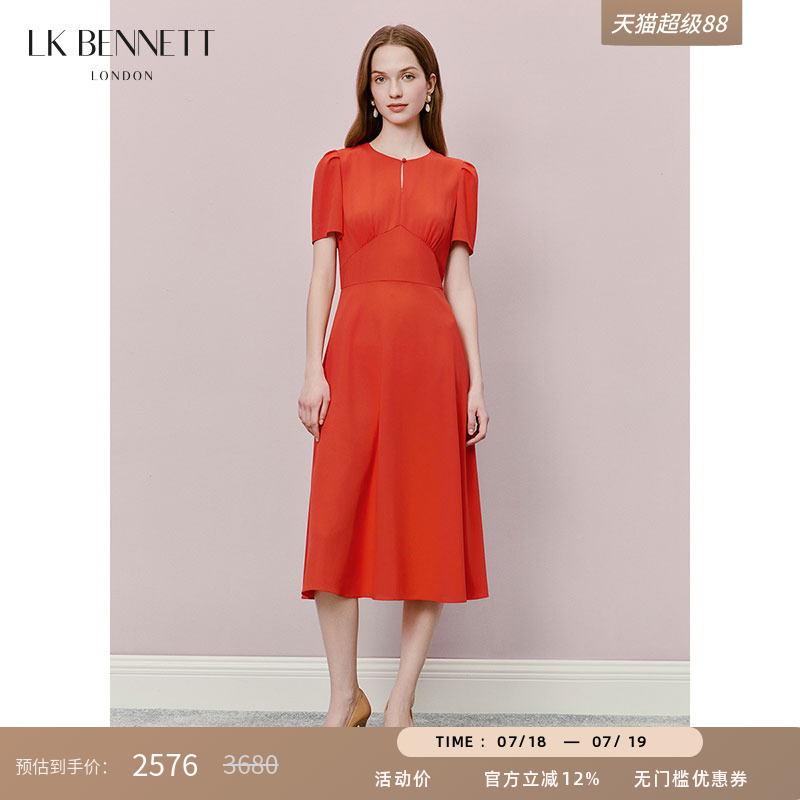 lkbennett红色连衣裙女2025年夏季新款法式纯色收腰圆领泡泡袖