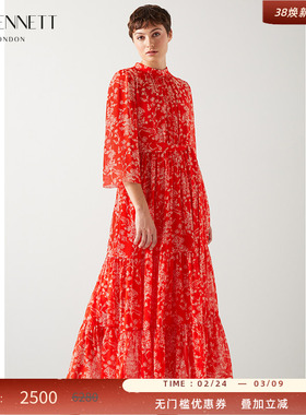 LK BENNETT红色真丝连衣裙女夏新款高级感印花桑蚕丝长裙法式