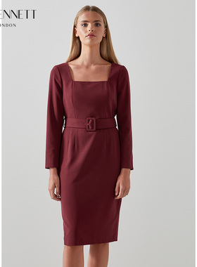 【限时低折】LK BENNETT气质酒红长袖连衣裙女秋方领收腰修身职场