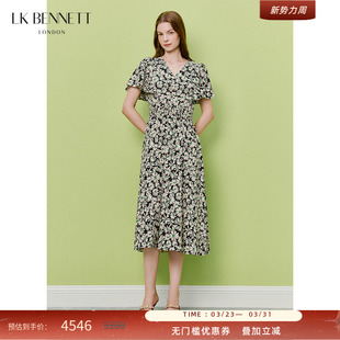 v领茶歇裙 桑蚕丝混纺法式 BENNETT黑色雏菊印花连衣裙2026夏季