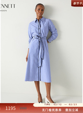 LK BENNETT蓝色连衣裙秋新款条纹衬衫裙长袖腰带法式休闲款