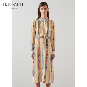 LK BENNETT新款真丝连衣裙女春长袖收腰桑蚕丝衬衫裙长裙气质