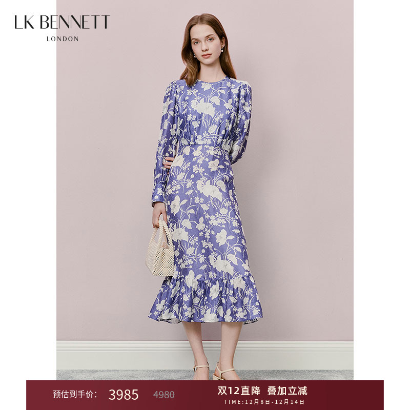 【闫妮同款】lkbennett紫色山茶花印花连衣裙新款桑蚕丝高级感