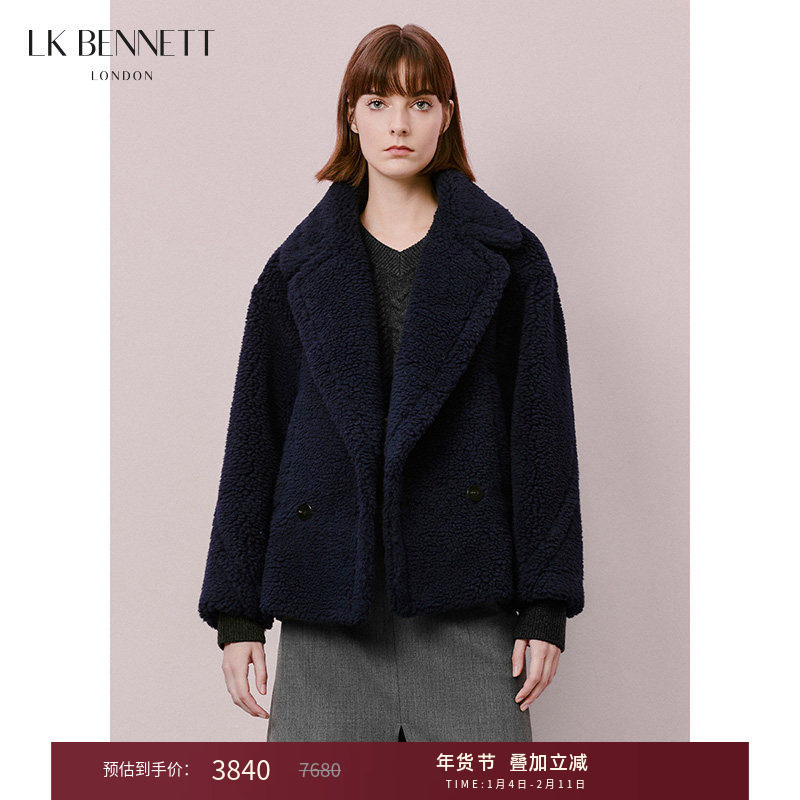 LK BENNETT深蓝色骆驼绒大衣2025冬季新款翻领宽松慵懒风简约外套