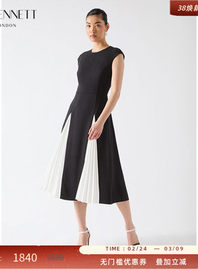 LK BENNETT黑色无袖连衣裙2025年春夏新款简约圆领通勤撞色压褶