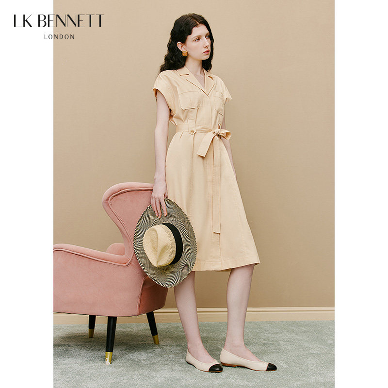 LK BENNETT米色工装连衣裙女新款夏季收腰休闲腰带气质通勤风