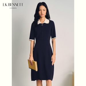 LK BENNETT藏蓝针织连衣裙女春中袖娃娃领收腰A字中裙气质显瘦通
