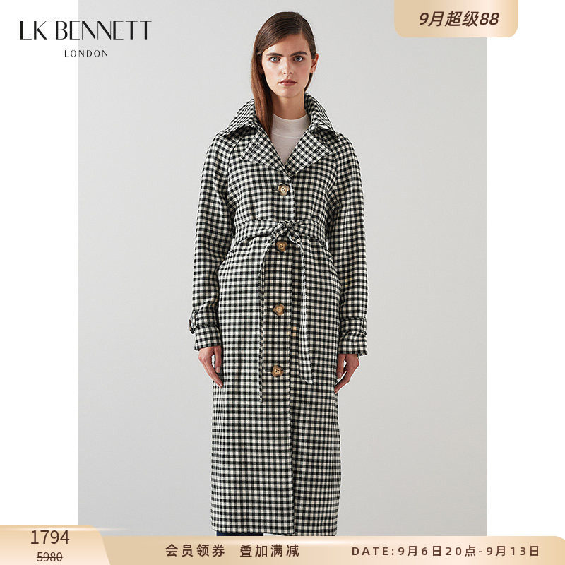 LK BENNETT黑色格子风衣女长款新款春季英伦风绵羊毛外套宽松