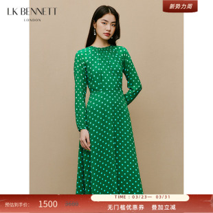LK BENNETT绿色波点连衣裙女新款春长袖气质法式茶歇收腰长裙