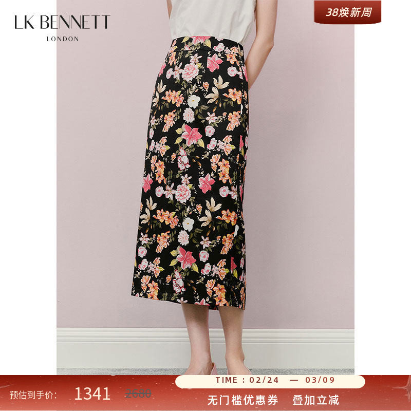 LK BENNETT黑色碎花半身裙女夏2025夏新款高腰带法式a字修身中长