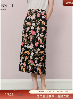 LK BENNETT黑色碎花半身裙女夏2025夏新款高腰带法式a字修身中长