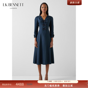 桑蚕丝混纺v领波点收腰 新款 BENNETT深蓝印花连衣裙女2026春季