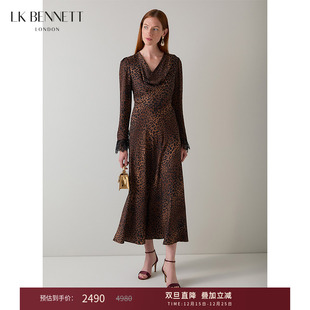 裙 V型堆领收腰中长款 lkbennett袖 口蕾丝豹纹连衣裙2025年秋新款