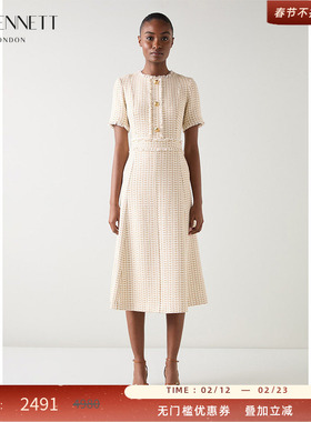 LK BENNETT米色小香风连衣裙2025年秋季新款女圆领花纱粗花呢收腰