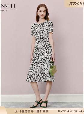 LK BENNETT黑色连衣裙夏新款圆领泡泡袖收腰显瘦荷叶边裙摆