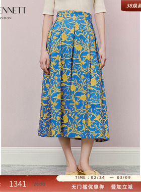 LK BENNETT蓝色半身裙2025年夏新款伞裙中长款独特黄色印花纯棉