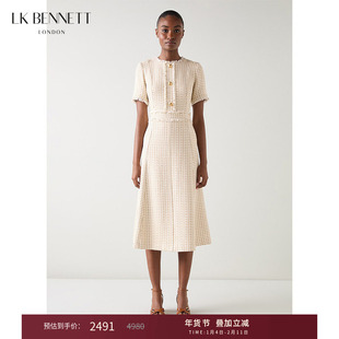 LK BENNETT米色小香风连衣裙2025年秋季新款女圆领花纱粗花呢收腰