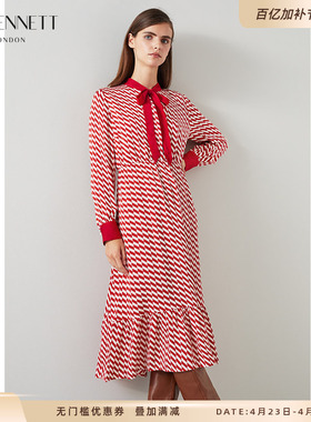 LK BENNETT红色连衣裙新款女装长袖蝴蝶结高级感气质显瘦长裙