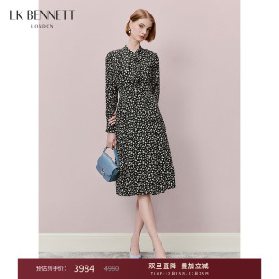 lkbennett黑色碎花真丝连衣裙女春秋蝴蝶结长袖 桑蚕丝收腰a字长裙