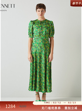 LK BENNETT绿色印花连衣裙女新款碎花短袖收腰优雅气质高级感