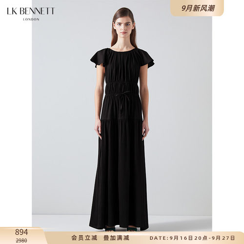 LK BENNETT黑色荷叶边连衣裙女夏新款收腰度假风沙滩长裙礼服