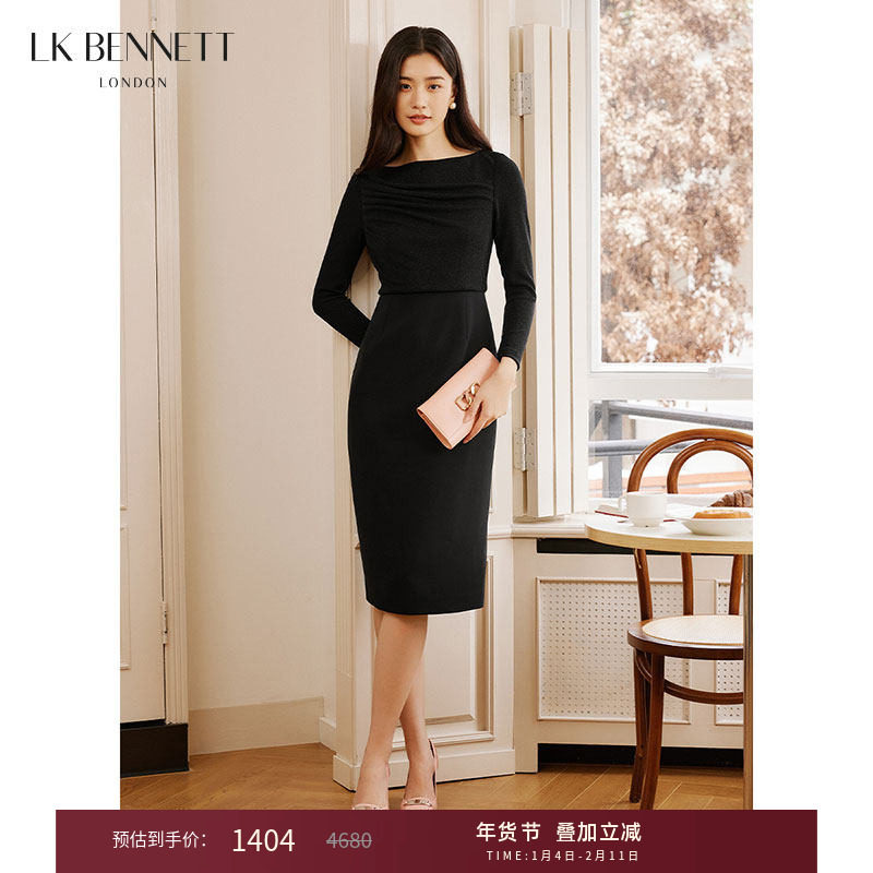 LK BENNETT黑色正装连衣裙冬新款收褶设计修身收腰显瘦礼服