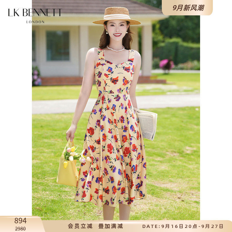 LK BENNETT无袖印花连衣裙夏新款法式方领收腰口袋中长款裙图片