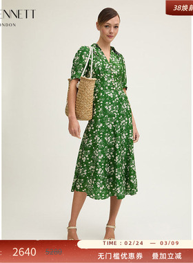 LK BENNETT绿色印花连衣裙2025年春新款v领精致珠扣泡泡袖茶歇裙