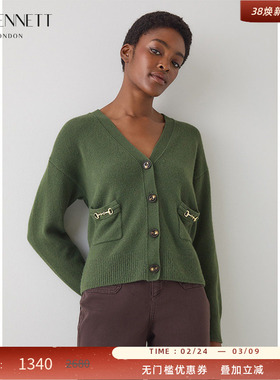 LK BENNETT绿色100%绵羊毛针织开衫女2025年秋新款v领口袋短款外