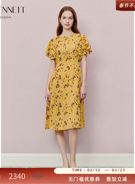 LK BENNETT黄色印花连衣裙2025年夏新款圆领收腰荷叶边袖法式优雅