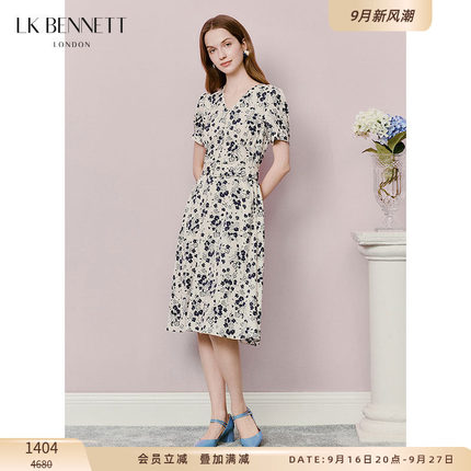 LK BENNETT米色连衣裙夏新款v领碎花法式收腰高级感印花