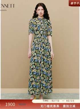 LK BENNETT绿色连衣裙秋新款印花短袖蝴蝶结法式高级感