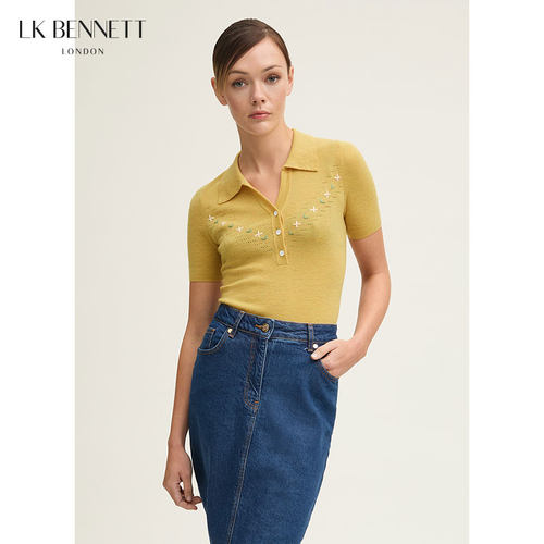 LK BENNETT黄色针织上衣女春新款polo领短款显瘦套头短袖