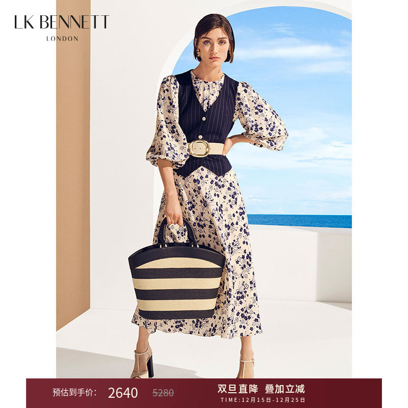 lkbennett米色素雅印花连衣裙2025年春新款圆领灯笼袖收腰长款