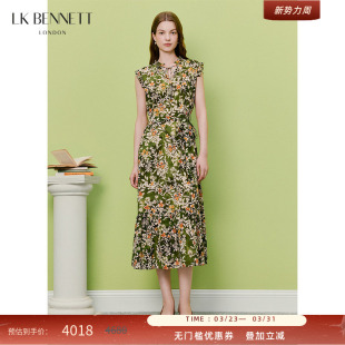 v领收腰法式 桑蚕丝混纺无袖 BENNETT深绿印花连衣裙女2026夏季