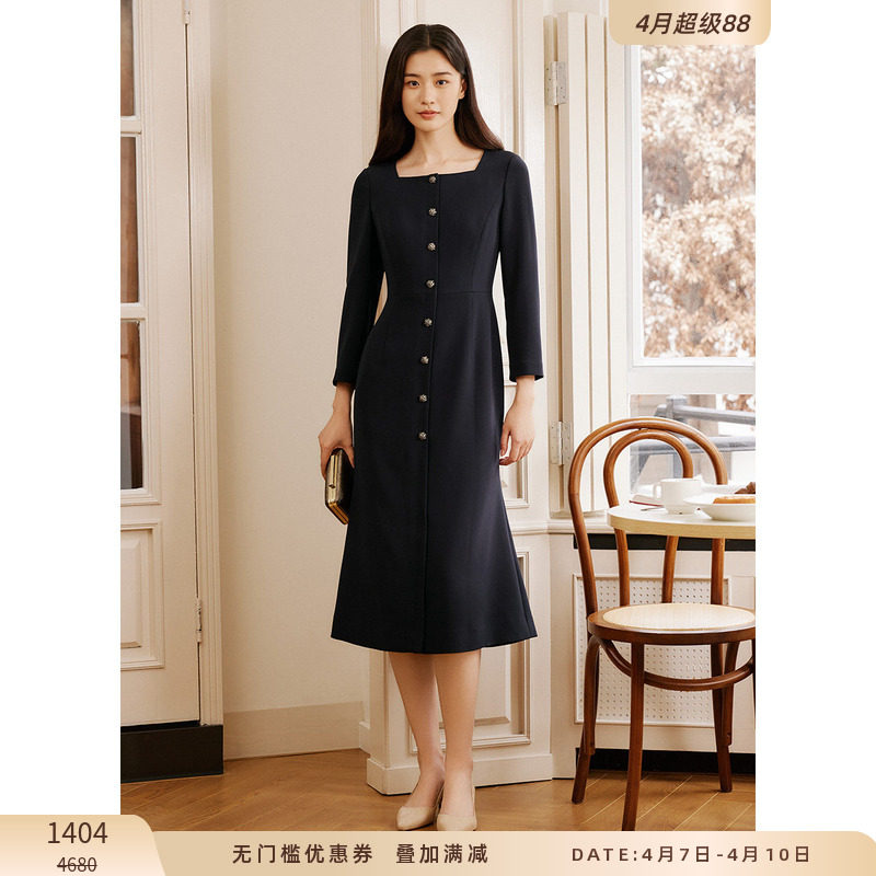 LK BENNETT深蓝方领连衣裙女冬新款优雅气质显瘦收腰长裙