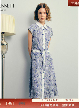 LK BENNETT蓝色真丝连衣裙女夏新款短袖收腰衬衫裙桑蚕丝缎面