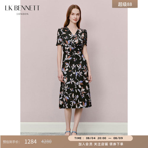 LK BENNETT黑色印花连衣裙夏新款连衣裙碎花V领气质
