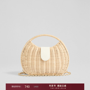 LK BENNETT米色手抓包2025年夏季新款度假风镂空编织链条新月包