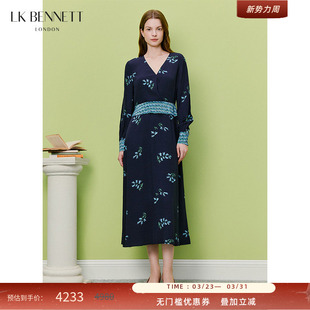 气质复古优雅 V领收腰长袖 BENNETT深蓝印花连衣裙女2026春新款
