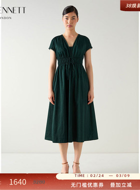 LK BENNETT深绿色连衣裙2025年夏新款纯棉v领落肩抽绳收腰气质长