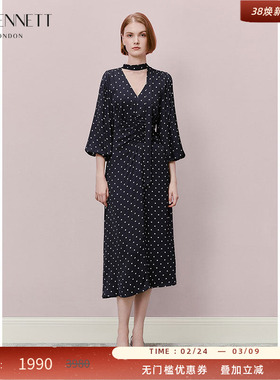 LK BENNETT蓝色波点飘带领连衣裙女2025年春收腰褶皱灯笼袖长裙