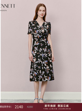 lkbennett黑色印花连衣裙2025年夏新款连衣裙碎花V领气质