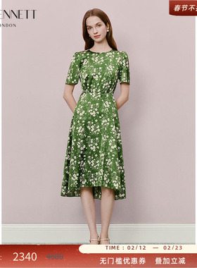 LK BENNETT绿色印花连衣裙2025年夏新款圆领收腰法式复古优雅