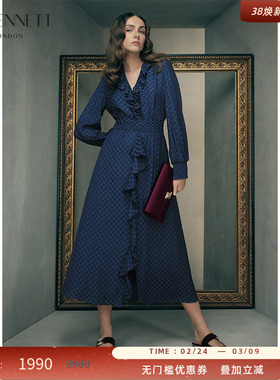 LK BENNETT深蓝连衣裙女2025年秋季新款棋盘格纹V领荷叶边长袖裙