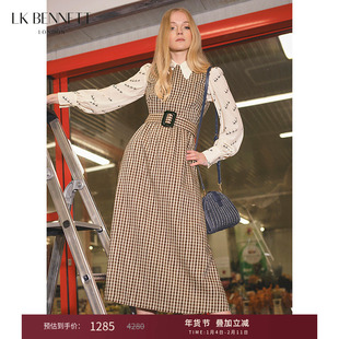 LK BENNETT咖色格子连衣裙女春新款圆领法式无袖背心裙长裙