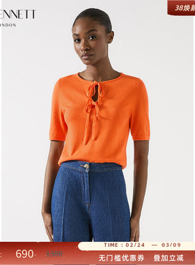 LK BENNETT橙色针织套头衫2025年夏新款简约绳结设计短款