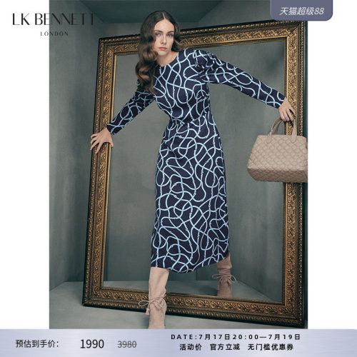 LK BENNETT深蓝连衣裙女秋季新款圆领泡泡袖收腰设计感长裙